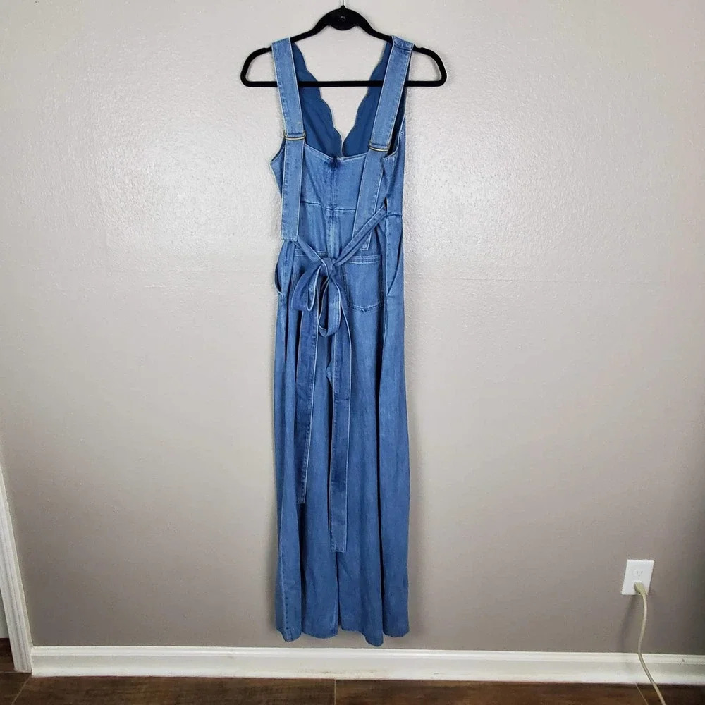 Pilcro by Anthroplogie Lydia Blue Denim Scallop Wrap Wide Leg Jumpsuit 2 - Picture 3 of 8